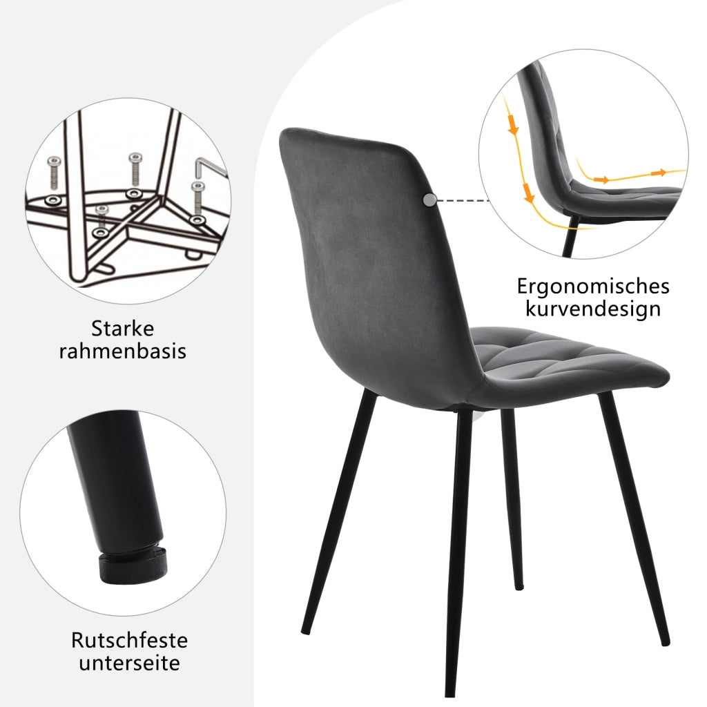 Tavolo da pranzo per 4 persone con piano rotondo effetto marmo, gambe in metallo nero e 4 sedie ergonomiche