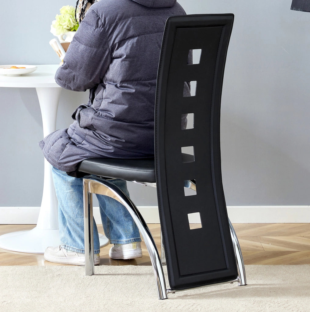 Set 2 sedie da pranzo moderne con schienale traforato; PU nero e metallo argentato; 102;5 cm