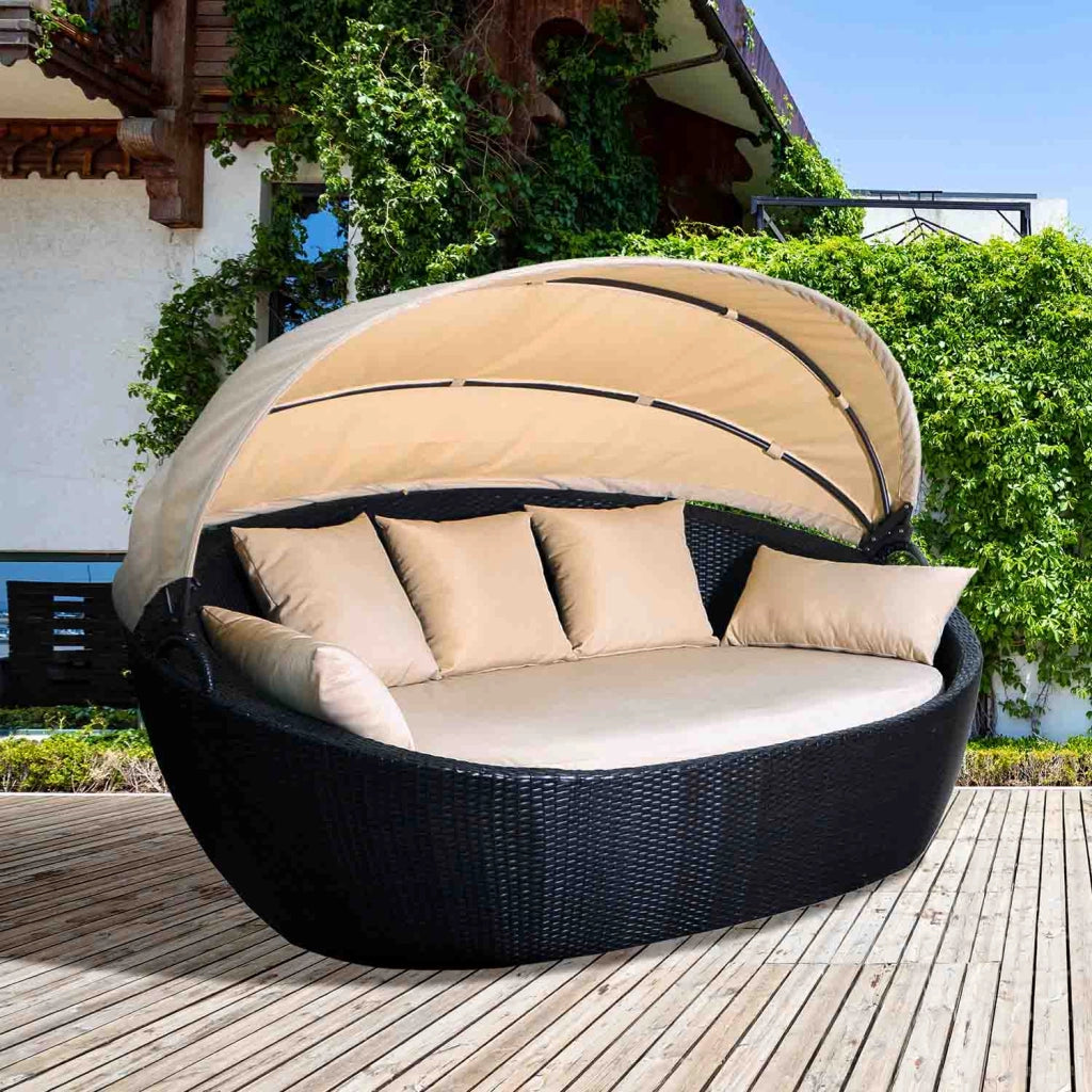 Guscio - Divano prendisole di design in alluminio e polyrattan con tettuccio parasole. Divano da giardino 3 posti lettino matrimoniale completo di cuscini.