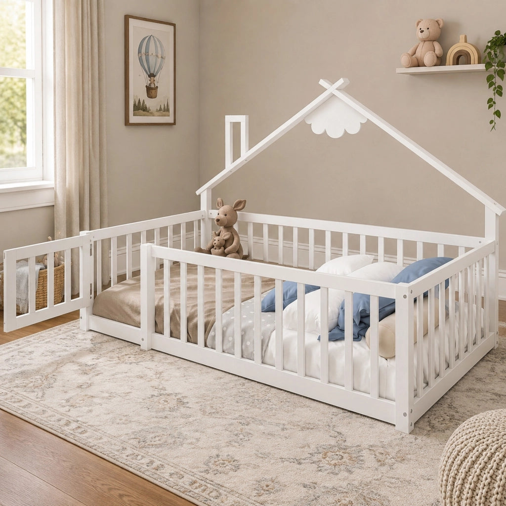 Letto singolo per bambini a forma di casetta con sponda e chiusura 90x190 cm in pino e MDF bianco