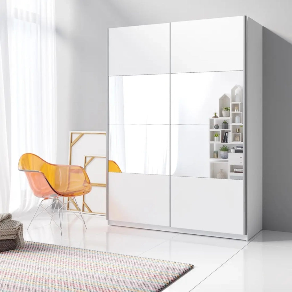 Armadio design 120cm. 2 porte con specchi modulari. Colore bianco opaco. Collezione EOS
