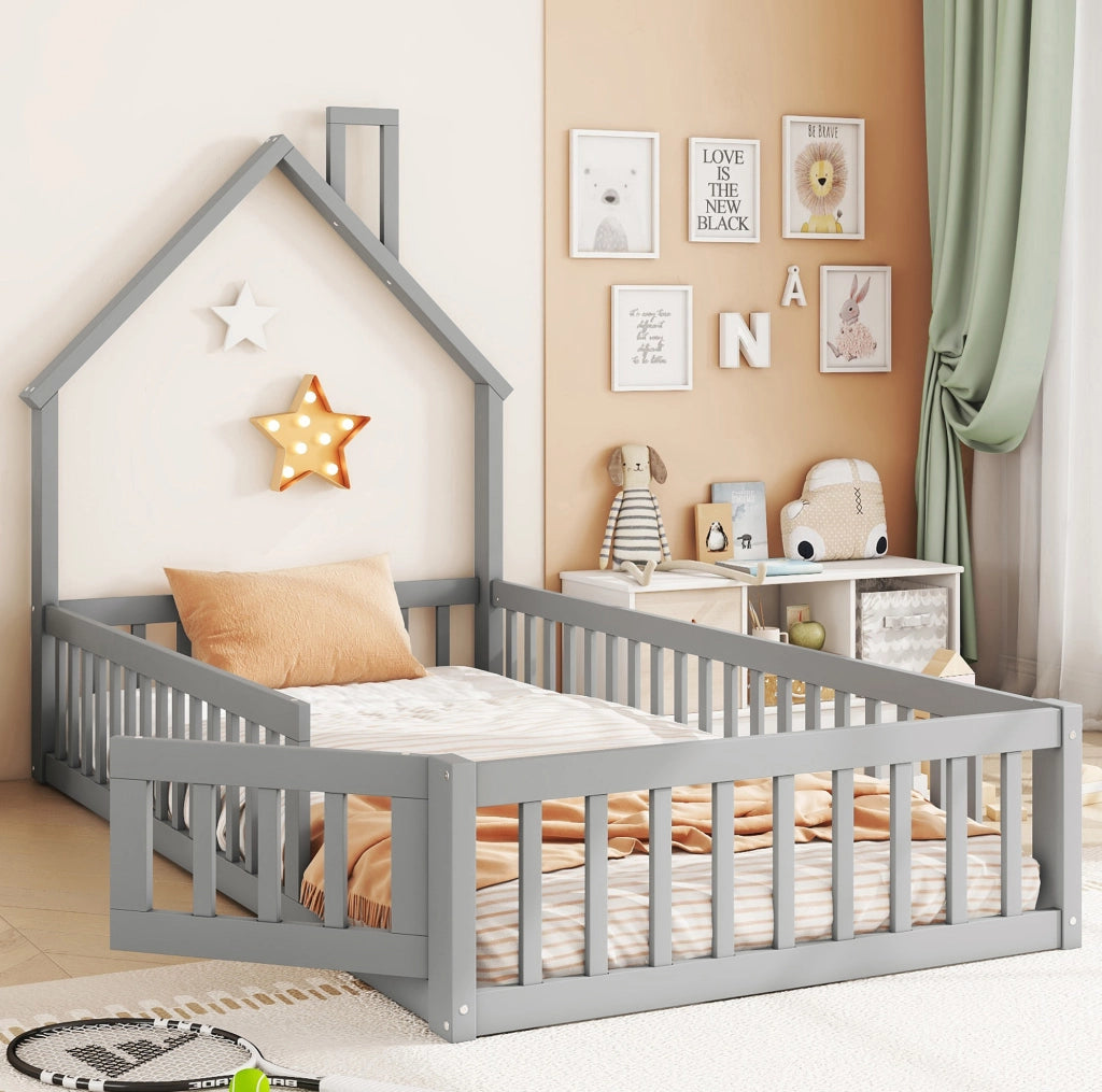Letto a casetta per bambini 90x200 cm con rete a doghe grigio
