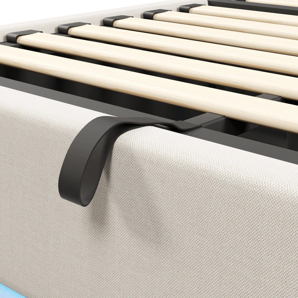 Letto imbottito ULEVR 140x200 cm con contenitore idraulico, LED, USB e Type-C, beige in lino