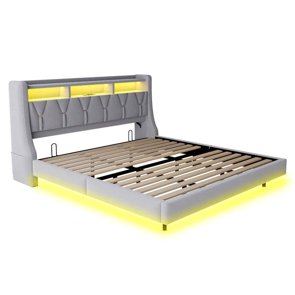 Letto imbottito 180x200 cm con testiera ribaltabile, prese USB e Type-C, LED e struttura in velluto grigio chiaro