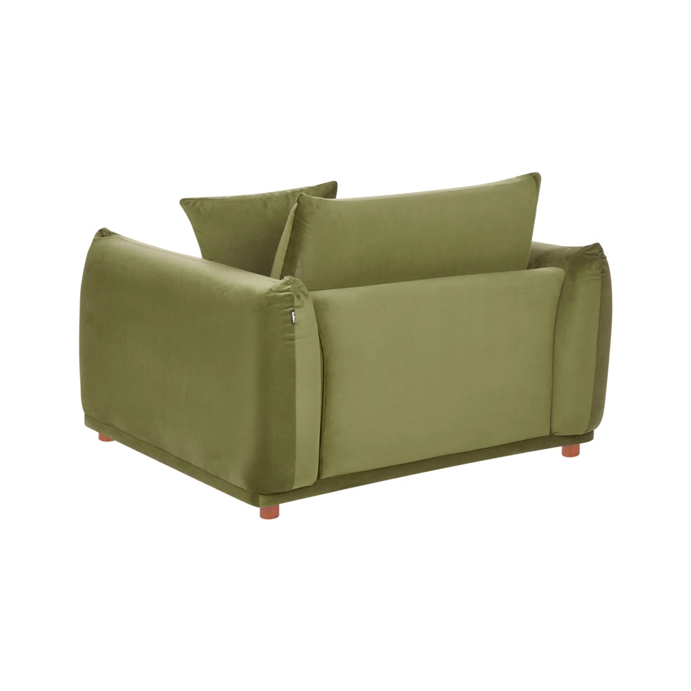 Poltrona in velluto verde con gambe in legno morbido, da salotto con braccioli stile moderno
