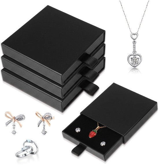Scatola per gioielli nera - 4 pezzi - 8 x 8 x 1,8 cm - Resistentente allo shock e protettiva - Supporto per gioielli con chiusura