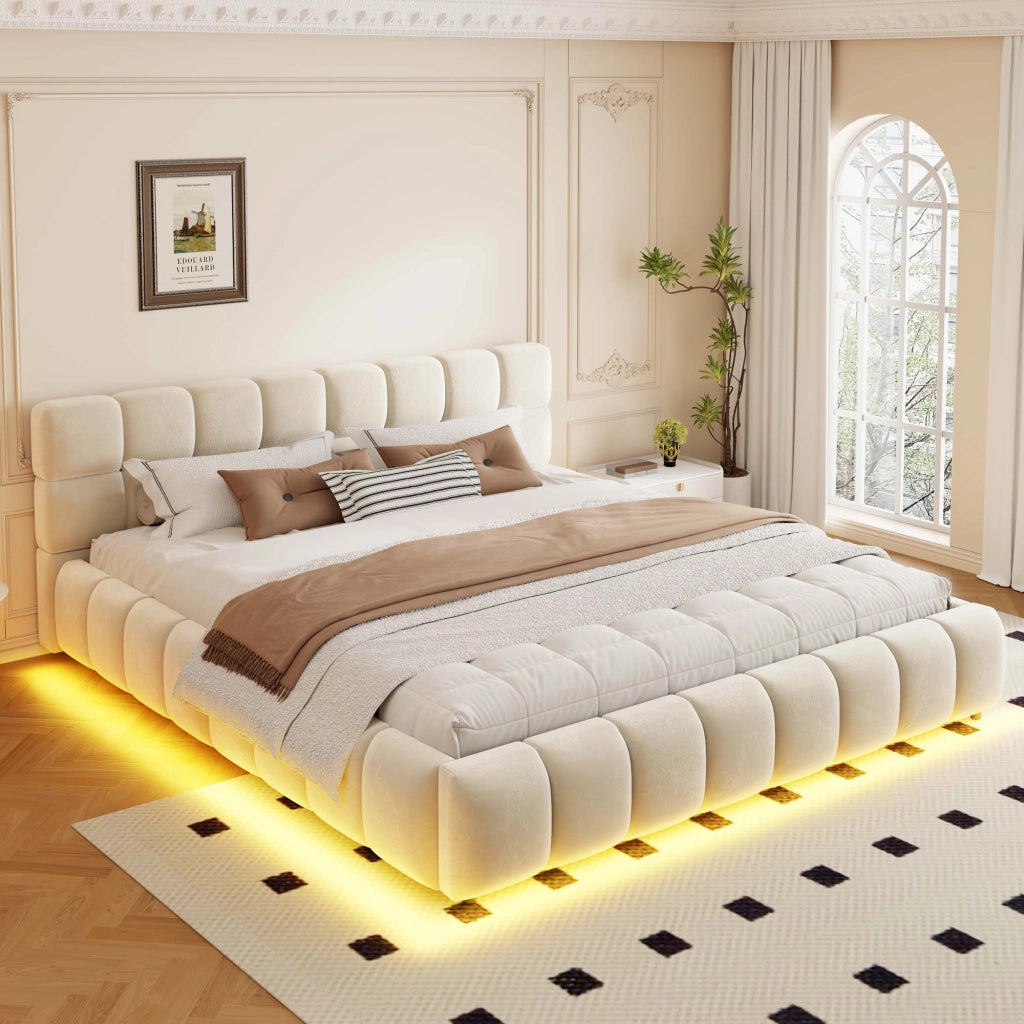 Letto contenitore matrimoniale 200 × 160 cm, illuminazione LED regolabile e testiera imbottita, senza materasso, beige