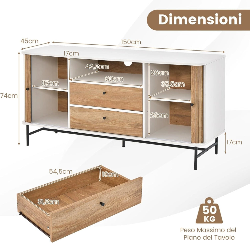 Mobile Credenza, Mobile TV con Ante Scorrevoli e 2 Cassetti, Mobile da Salotto con Foro per Cavi, Mobiletto Multiuso per Cucina, Sala da Pranzo, Soggiorno, 150 x 45 x 74 cm
