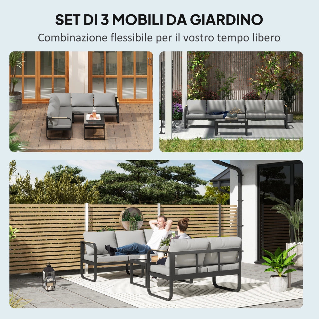 Set da Esterno 3 Pezzi con Divano 3 Posti Convertibile, Divano 2 Posti e Tavolino da Esterno, Grigio e Nero