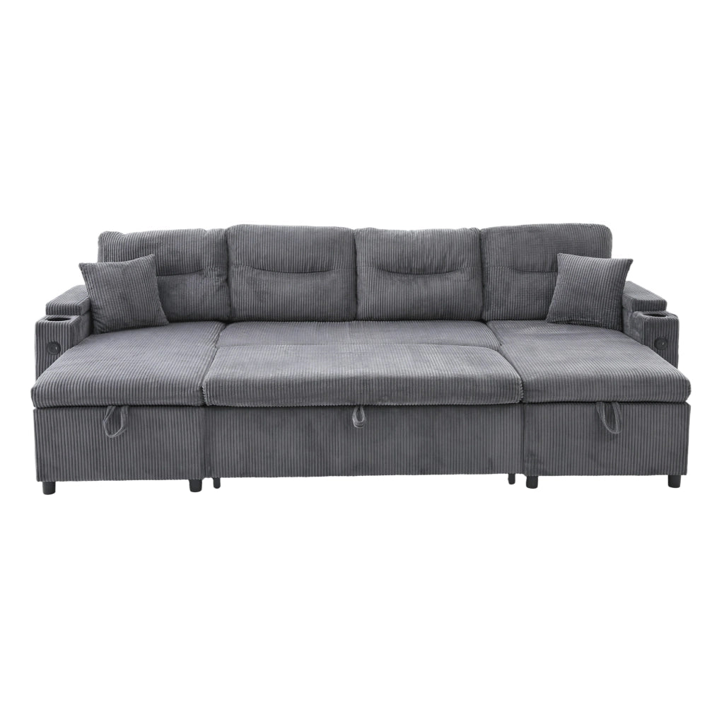 Divano 4 posti con doppia chaise longue; contenitore; portabicchieri e USB-C; 272x136x86 cm; grigio carbone