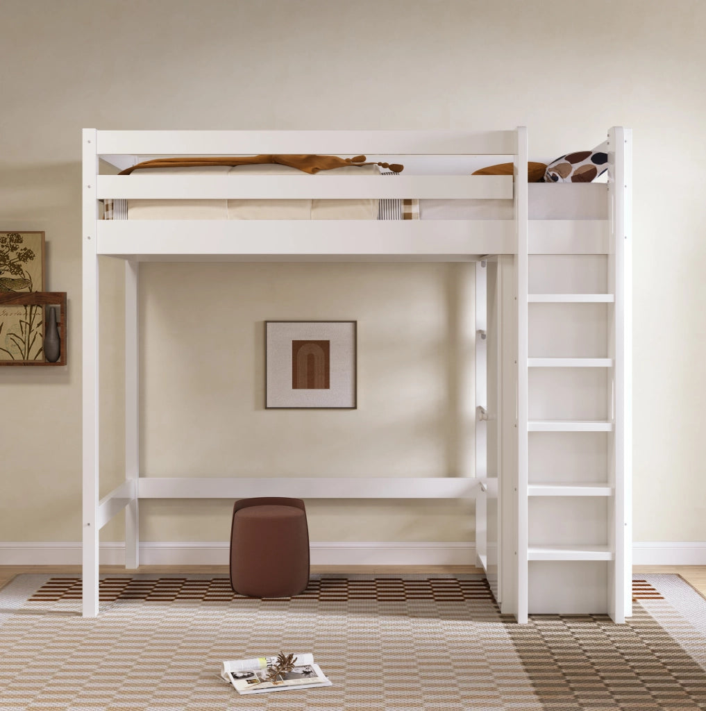 Letto a soppalco 90x200 cm bianco con armadio e 6 ripiani