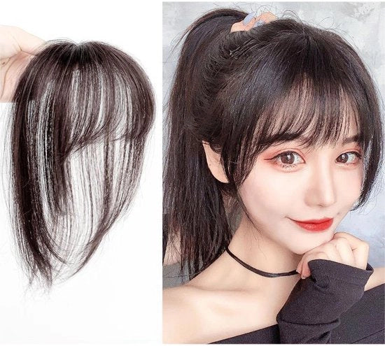 Pruica da Pony Clip-in Leggera - Frangia da Pony - Capelli Sintetici - Castano Scuro - 25 cm - Adatta a Tutti i Tipi di Volto - Pezzo di Capelli
