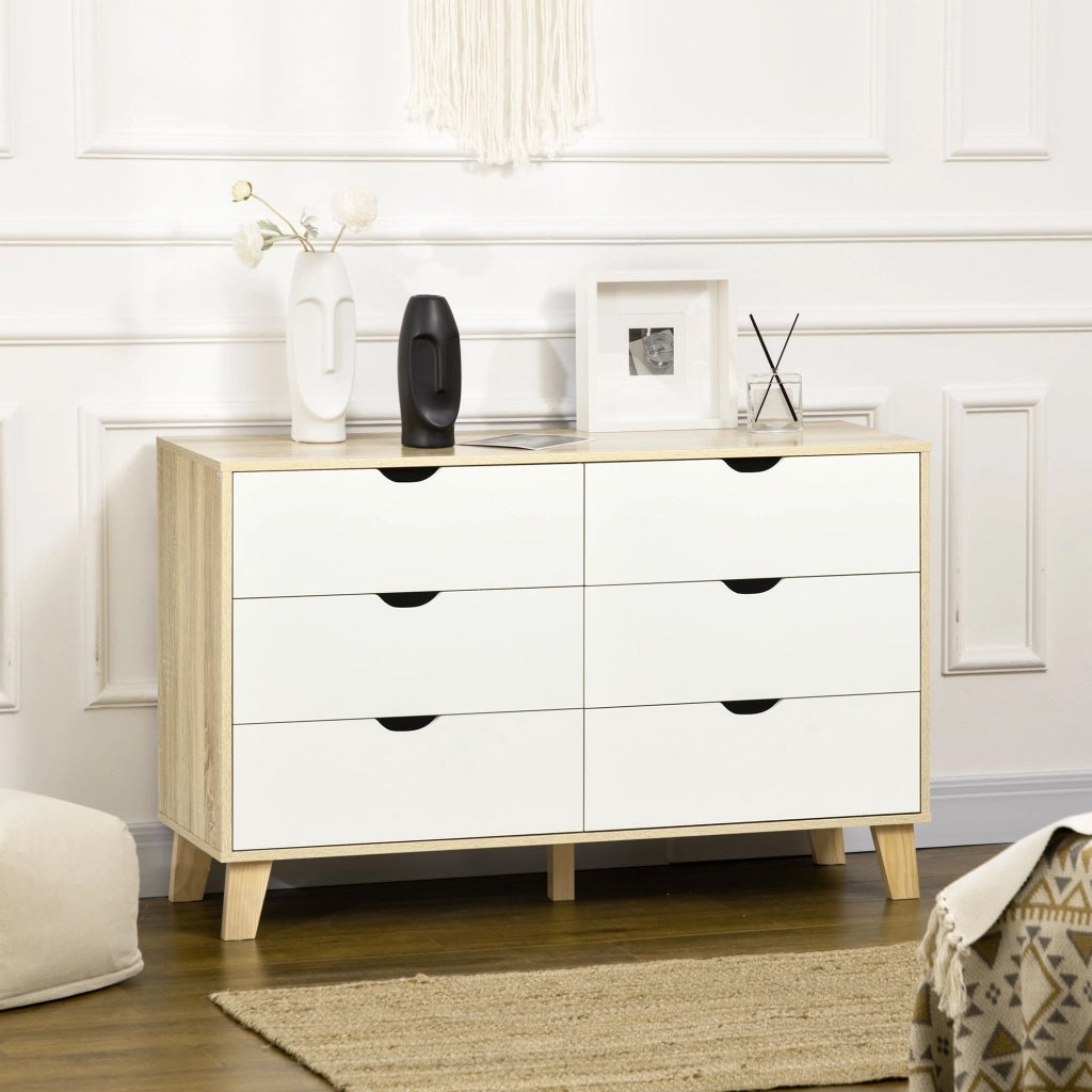 Cassettiera 6 Cassetti 120x40x76 cm con Maniglie Intagliate in Legno Bianco e Rovere