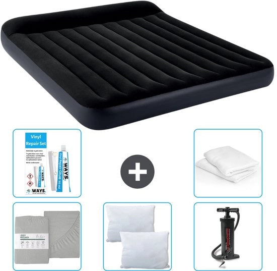 Lettino a Pneuma 2 Persone - 183 x 203 x 25 cm - Blu Scuro - Incluso Set di Coperte - Cuscino - Pompa - Kit di Riparazione e Protezione Cuscino