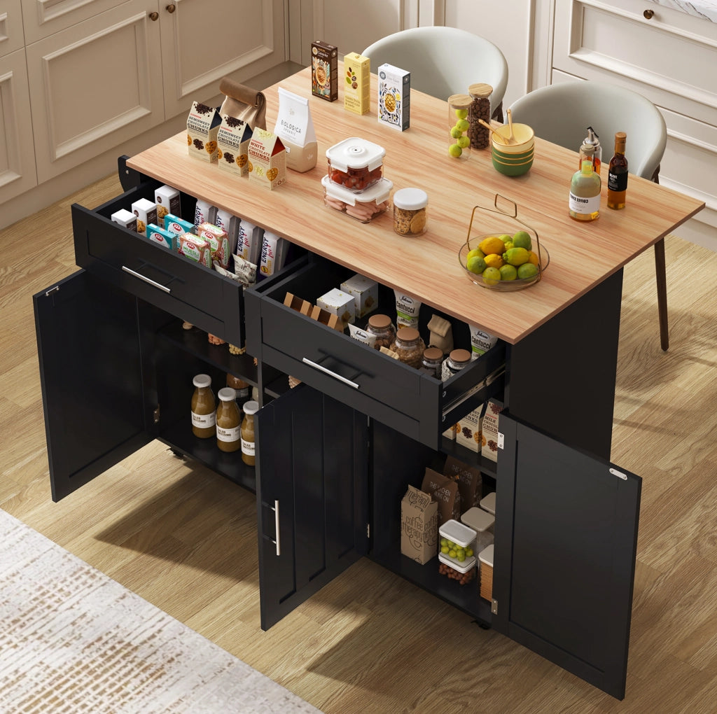Isola da cucina mobile 129x71x91,5 cm con ripiani interni, 2 cassetti, piano ribaltabile e 5 ruote, colore nero