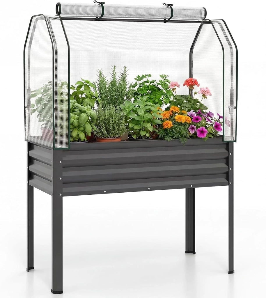 Orto Rialzato da Esterno con Serra, Fioriera Rialzata con Copertura in PE, Porta Avvolgibile con Cerniera e Guanti, Aiuola Rialzata per Verdure, Fiori e Frutta, 112 x 55 x 152 cm (Grigio)