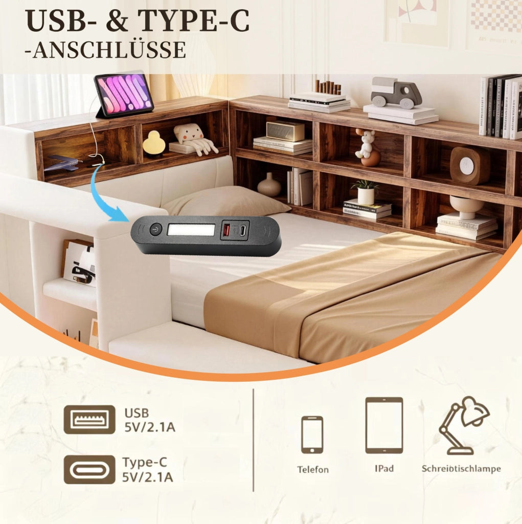 Letto imbottito 90x200 cm con contenitore; LED; prese integrate e comodino laterale; beige