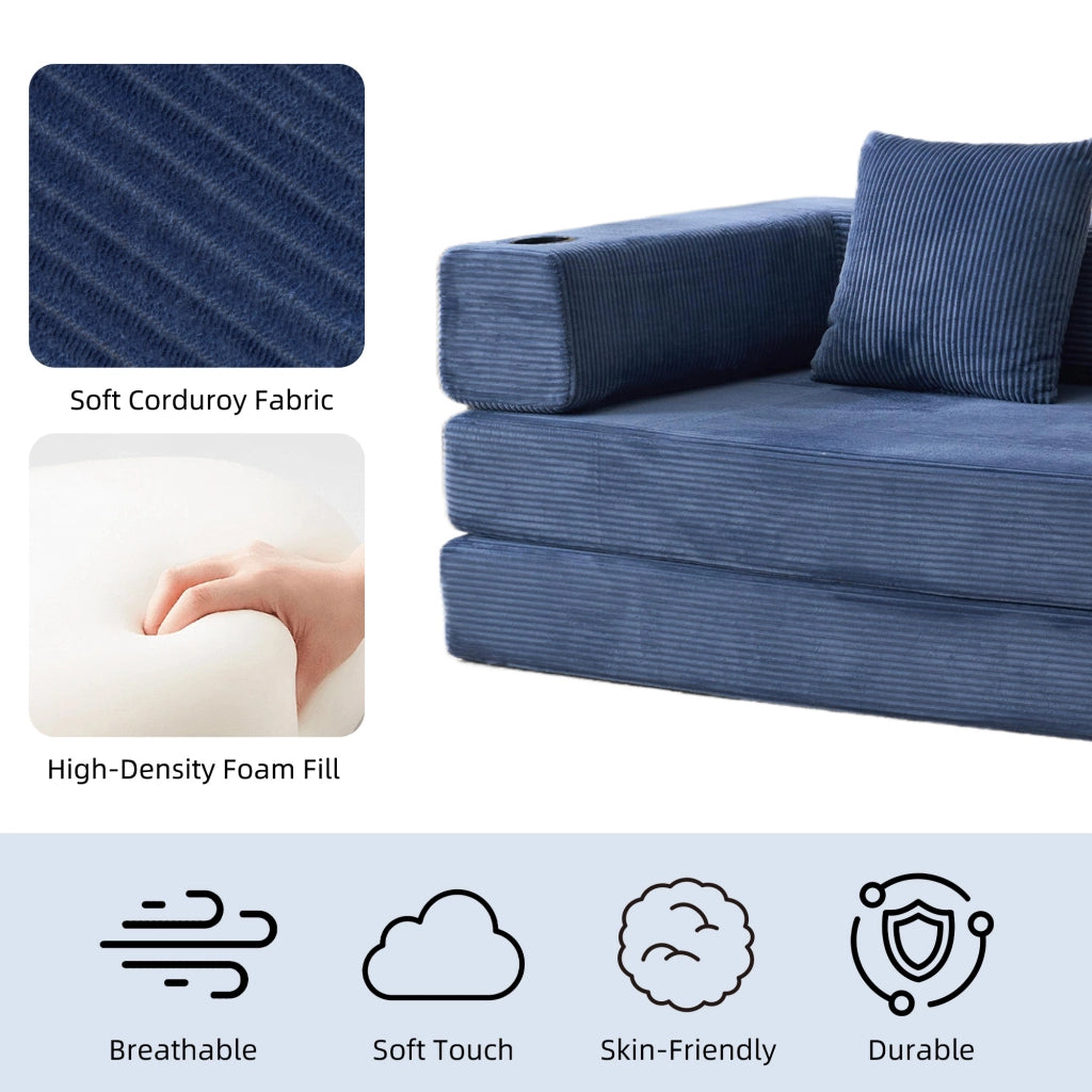 Divano letto pieghevole convertibile in velluto a coste con braccioli, tasche laterali e portabicchieri, blu scuro
