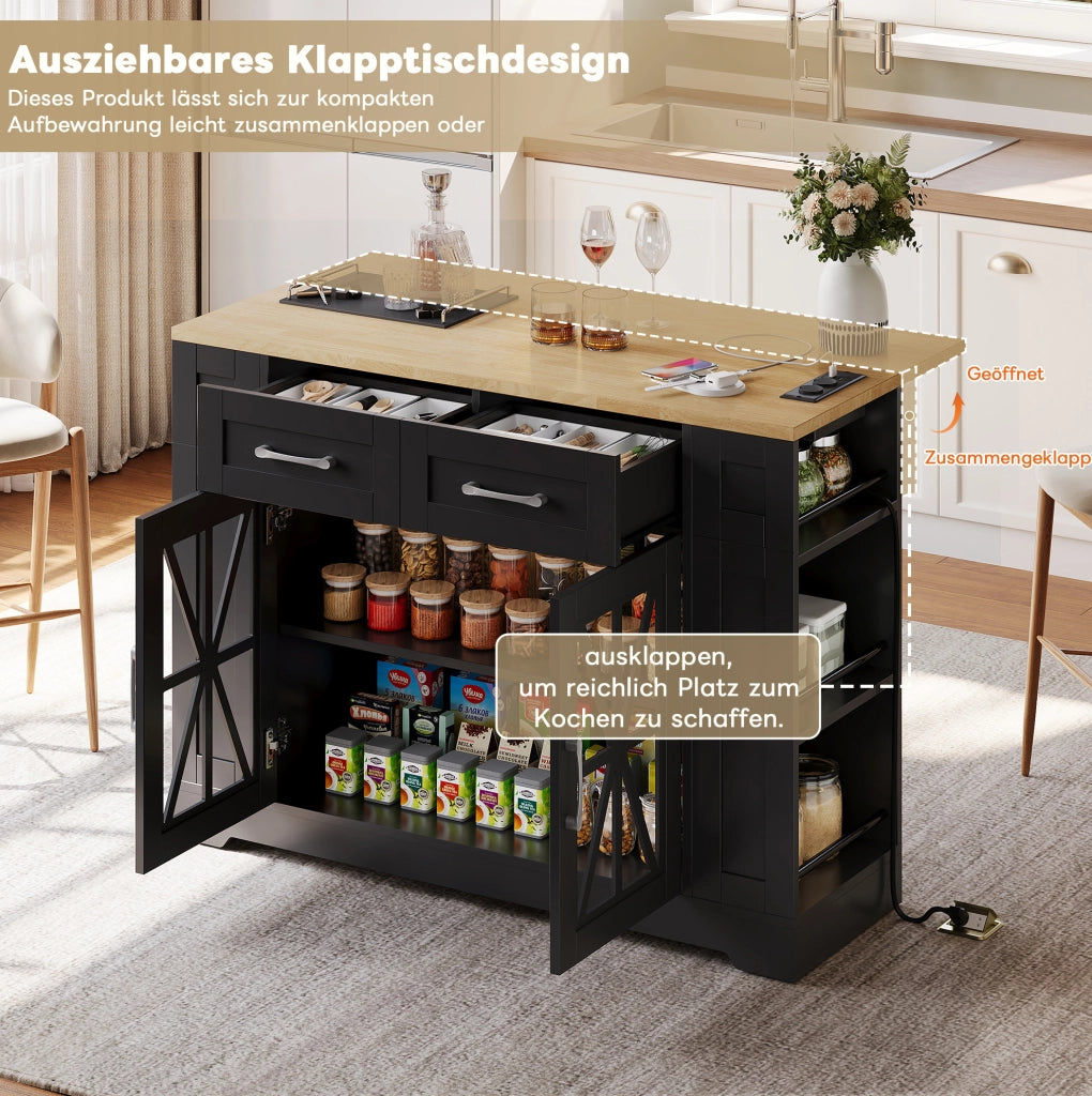 Isola cucina mobile con piano ribaltabile 120x40(65) cm in MDF nero e naturale