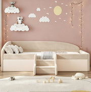 Letto imbottito bambini 90x190 cm con gradini e sponde in velluto beige