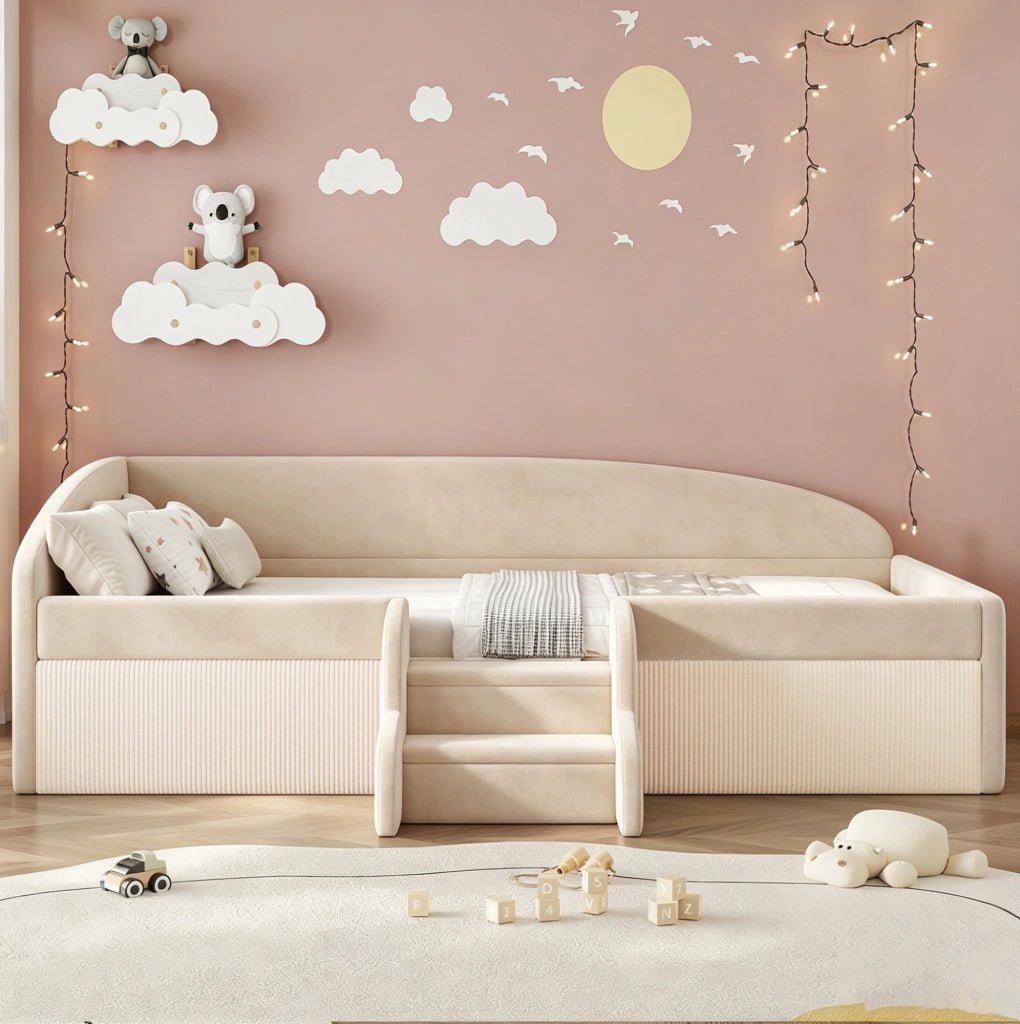 Letto imbottito bambini 90x190 cm con gradini e sponde in velluto beige