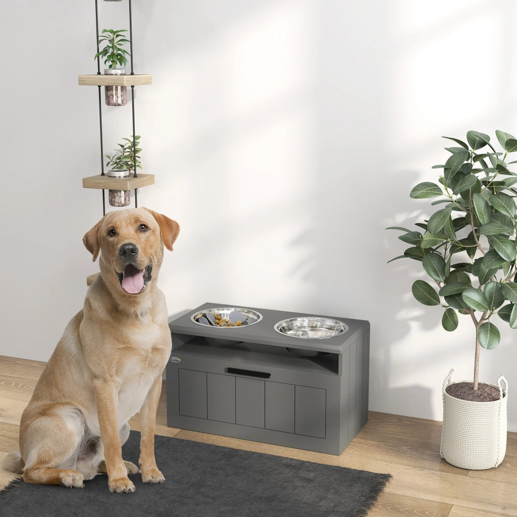 Mangiatoia rialzata per cani con 2 ciotole in acciaio inox, vano contenitore e tappetino anti-ingozzamento