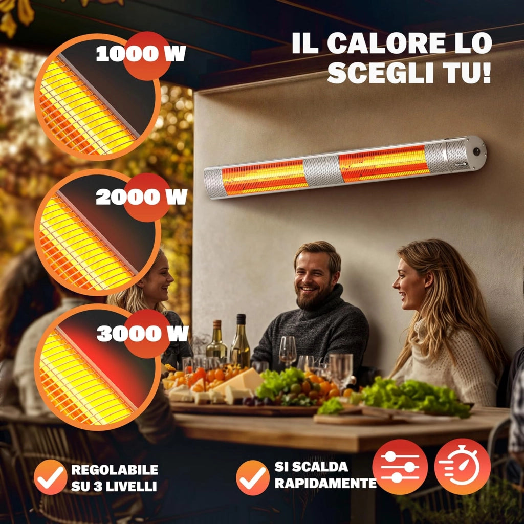 ® Stufa Elettrica a Infrarossi 3 Livelli di Calore 3000W Inclinabile di 90° Telecomando App IP55 Stufetta Fungo