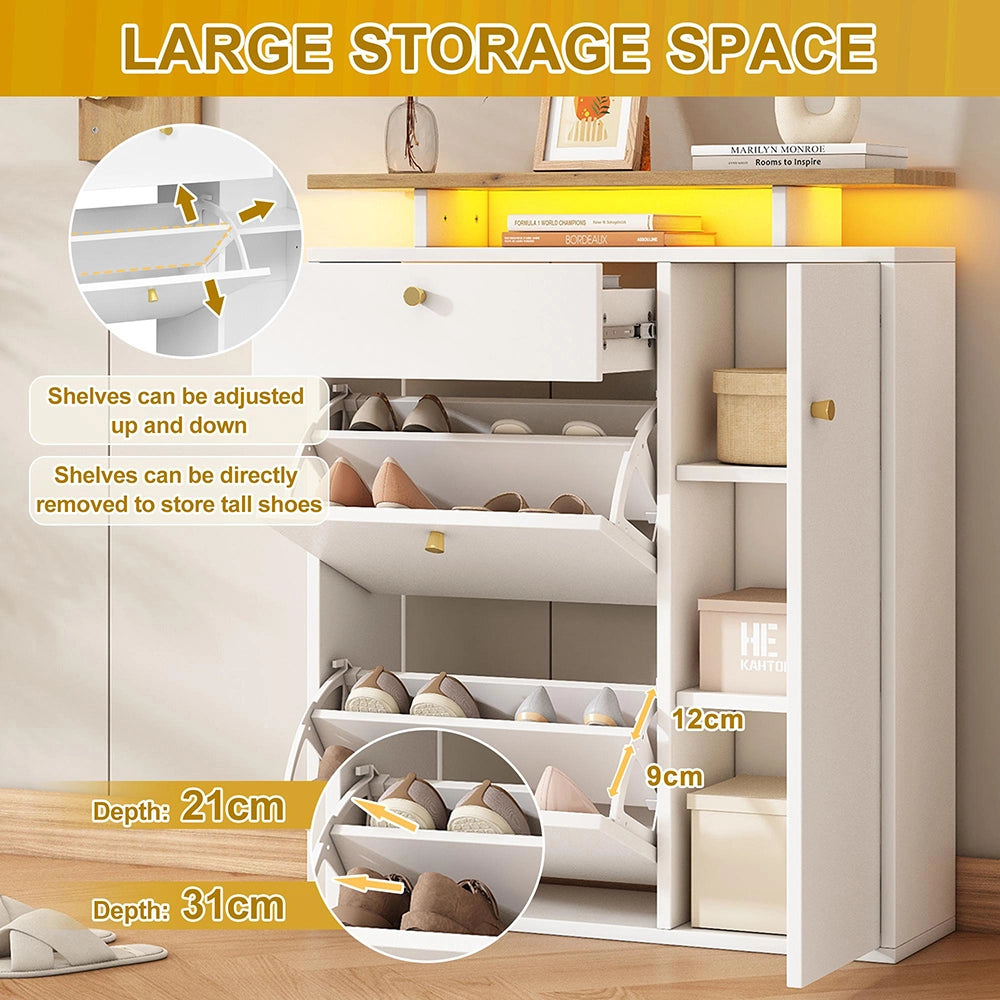 Set ingresso 3 pezzi - Xylo - Specchio, porta cappelli, armadio scarpe - LED, 4 ganci - Naturale o bianco - 105x25x151,5 cm