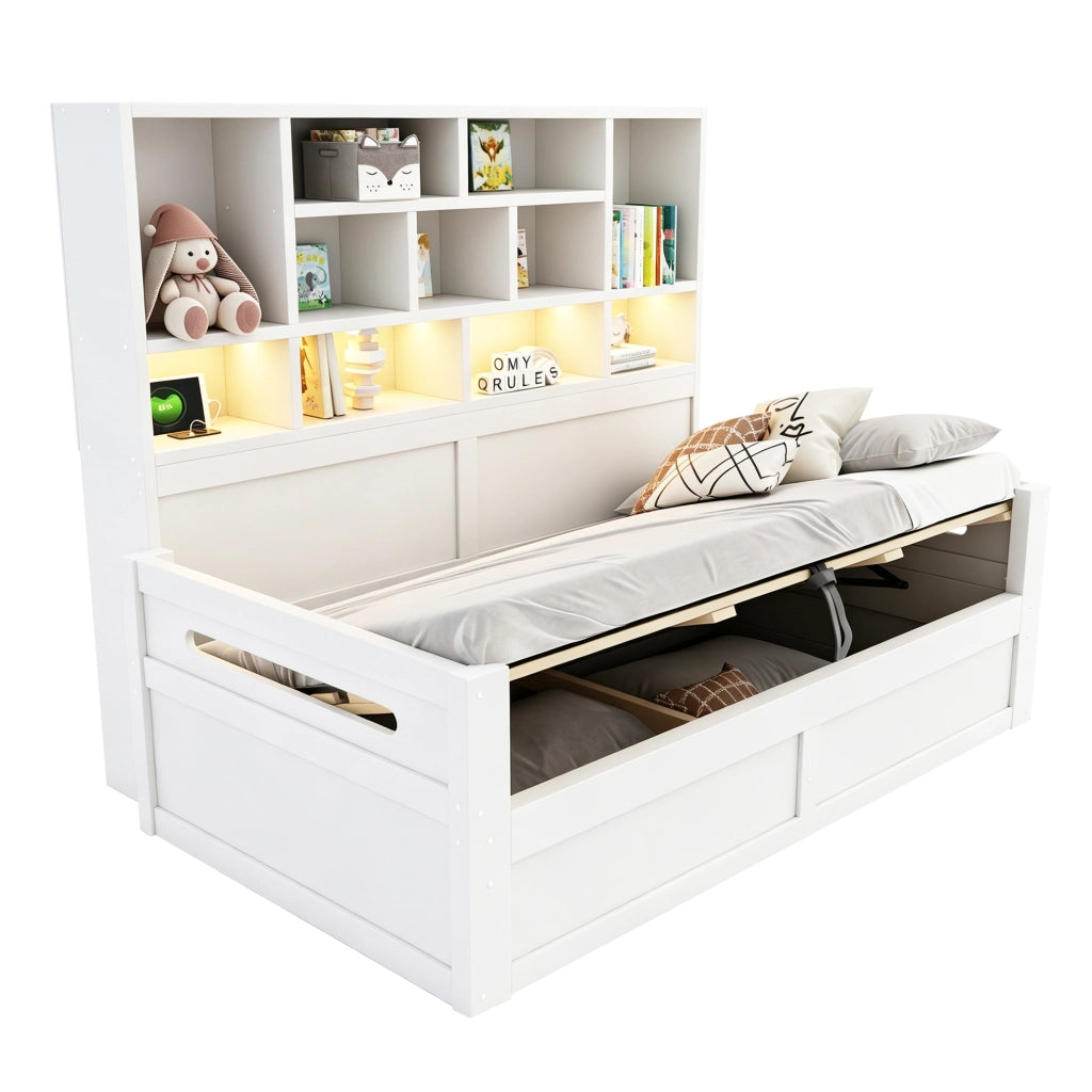 Letto contenitore 90x200 cm con sollevamento idraulico; LED; USB e ripiani portaoggetti; MDF bianco