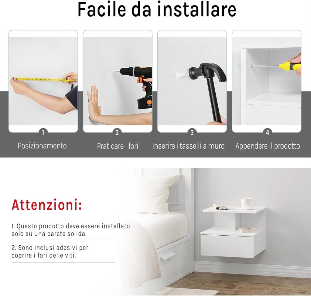 Set di 2 Comodino Sospeso, Comodino per Camera da Letto con 1 Cassetto e 1 Scomparto Aperto, Fissaggio a Parete, Mobiletto per Cameretta Moderno, in Legno,40x35x31cm, Bianco, NTS03ws-2