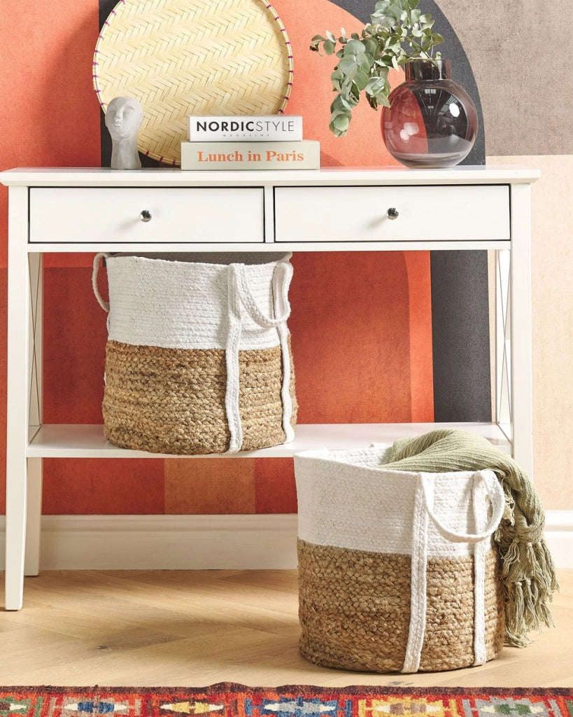 Cesto portaoggetti in juta e cotone beige e bianco Cesto portabiancheria intrecciato con manici