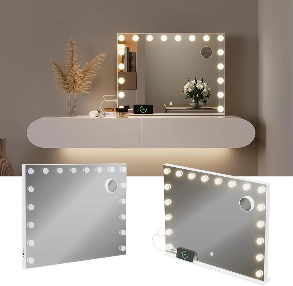 Specchio da toilette Greta, Bianco, 80 x 61 cm con illuminazione a LED, con specchio cosmetico integrato 10x e porta USB