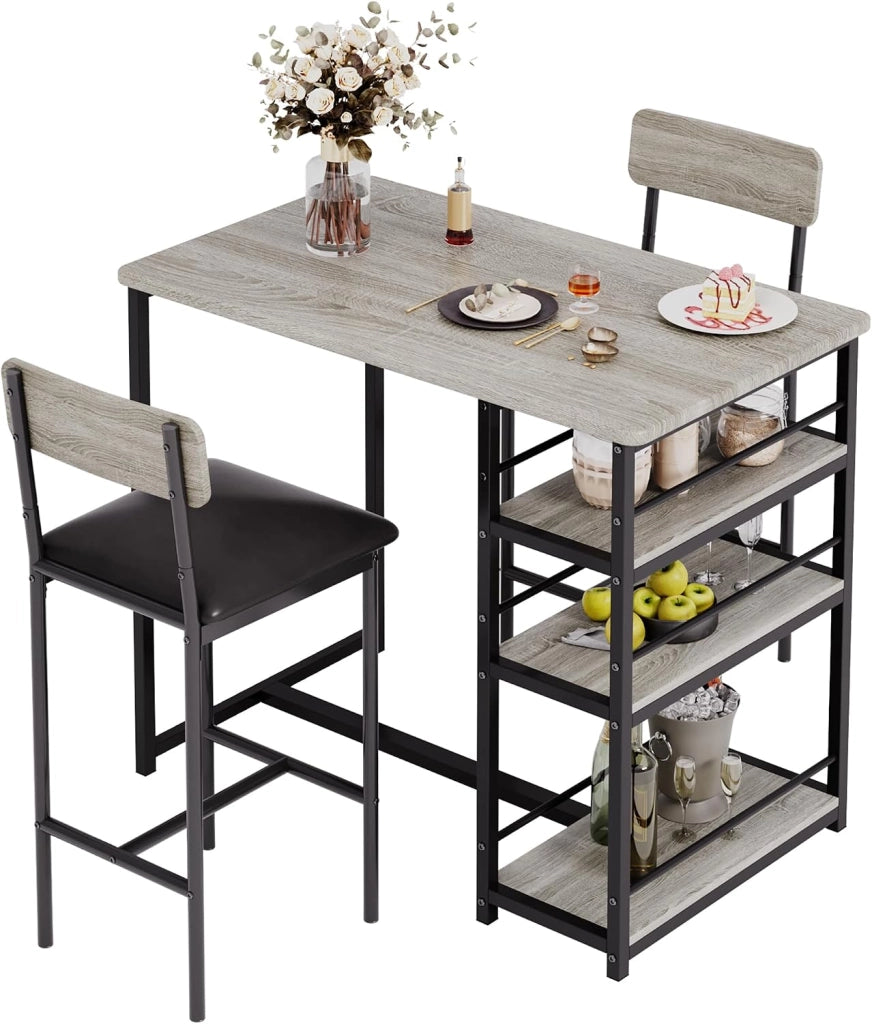 Set da pranzo a 3 pezzi per 2 persone: tavolo alto con 3 ripiani + 2 sedie imbottite - stile rustico - grigio