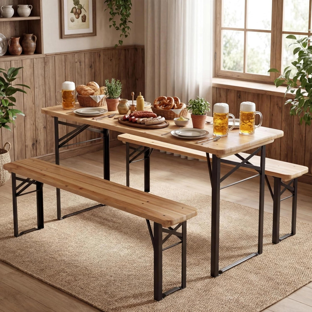 Tavolo e Panche da Birreria Pieghevoli in Legno Massello, Gambe in Metallo Resistenti, Set da Giardino Esterno per 4 Persone per Campeggio, Picnic e Incontri all'Aperto, 118 x 50 x 75 cm