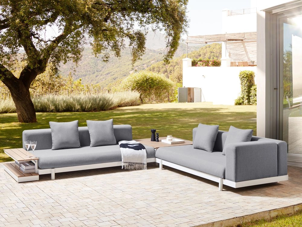 Set di divani 5 posti con tavolini Grigio Tessuto Poliestere Cuscino Media Resistenza Giardino Stile Moderno Esterno