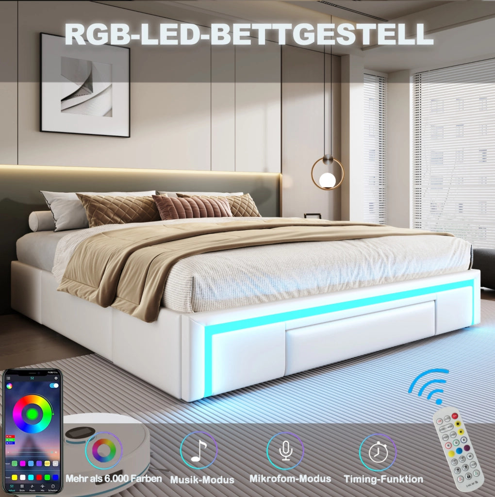 Letto singolo 90x200 cm con cassetti, LED RGB e rivestimento PU