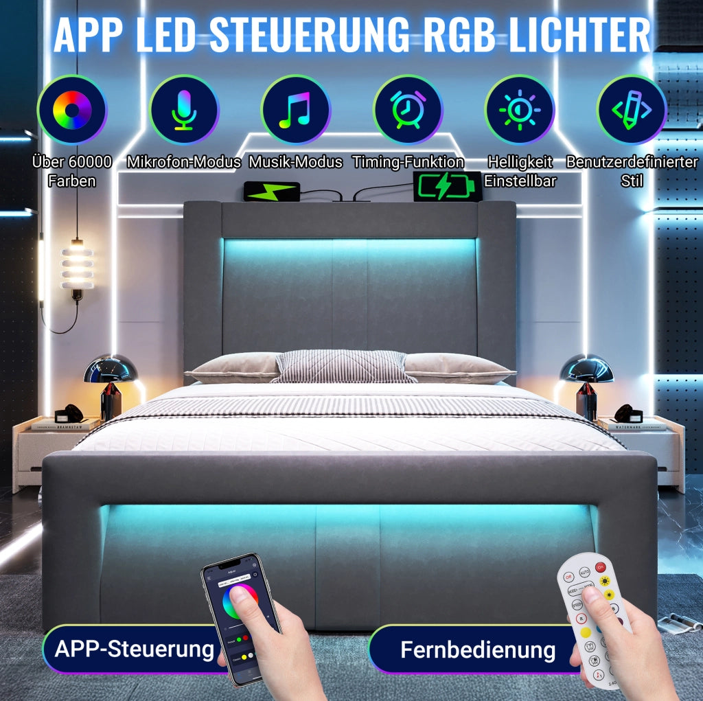 Letto singolo 90x200 cm con contenitore; LED; USB e Type-C; velluto grigio; con materasso