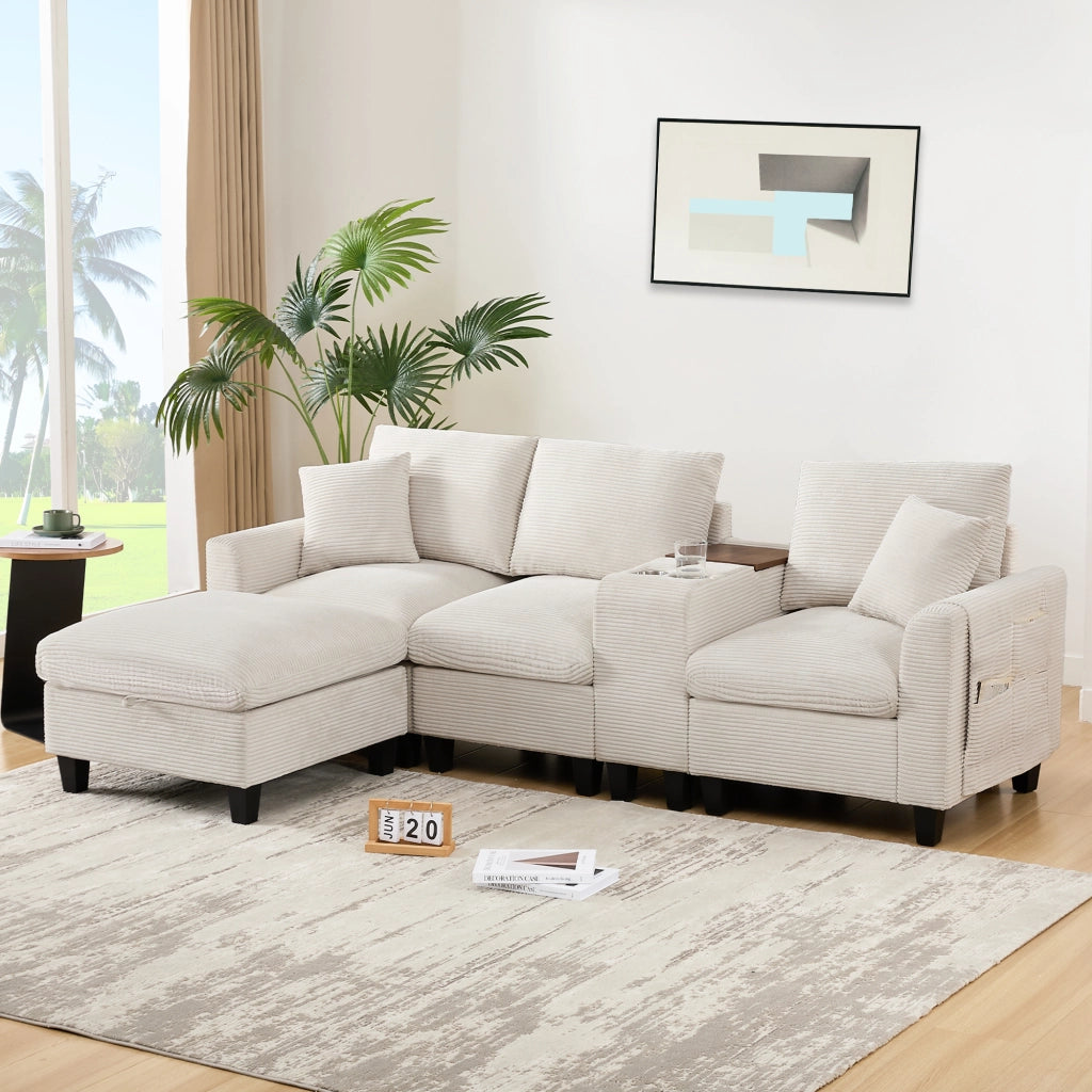 DIVANO Angolare Modulare 229x149,5x83 cm in Corduroy Beige con console