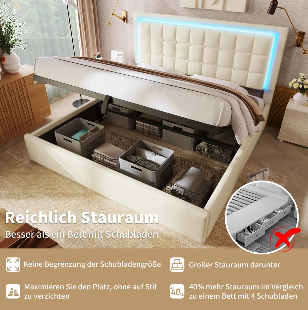 Letto contenitore 140x200 cm con LED e rete, bianco