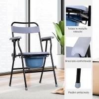 Sedia WC Pieghevole con Vaso Rimovibile per Anziani e Disabili in Tubi di Ferro e Plastica 52 x 50 x 75cm
