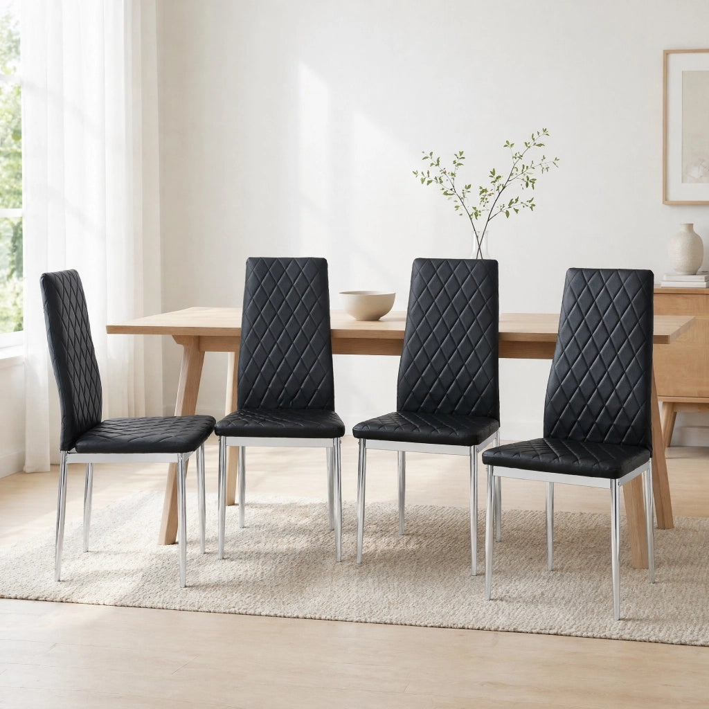Sedia da Pranzo Set da 4 con Schienale Ergonomico e Gambe in Metallo Cromato, in PU Nero