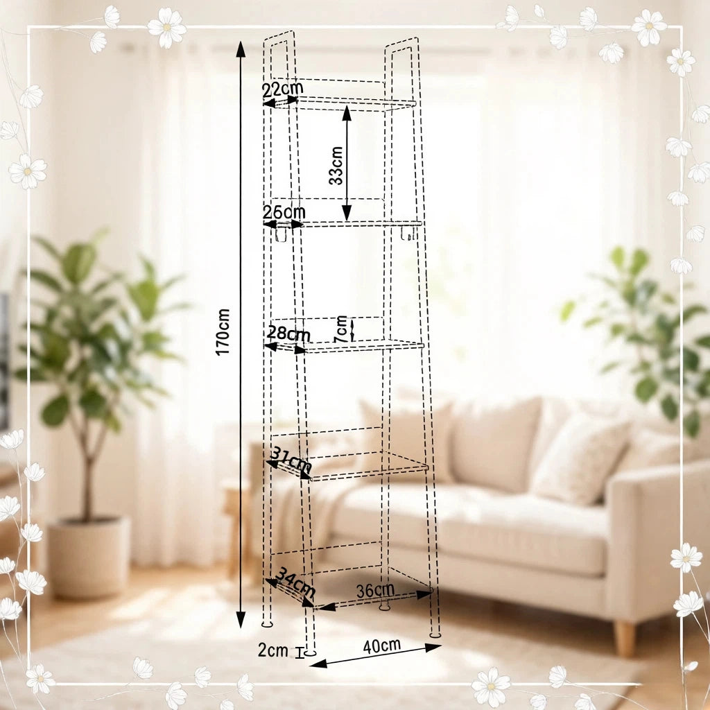 Scaffale a scala 5 ripiani, metallo nero e MDF, 40x36x170 cm, con ganci e antiribaltamento