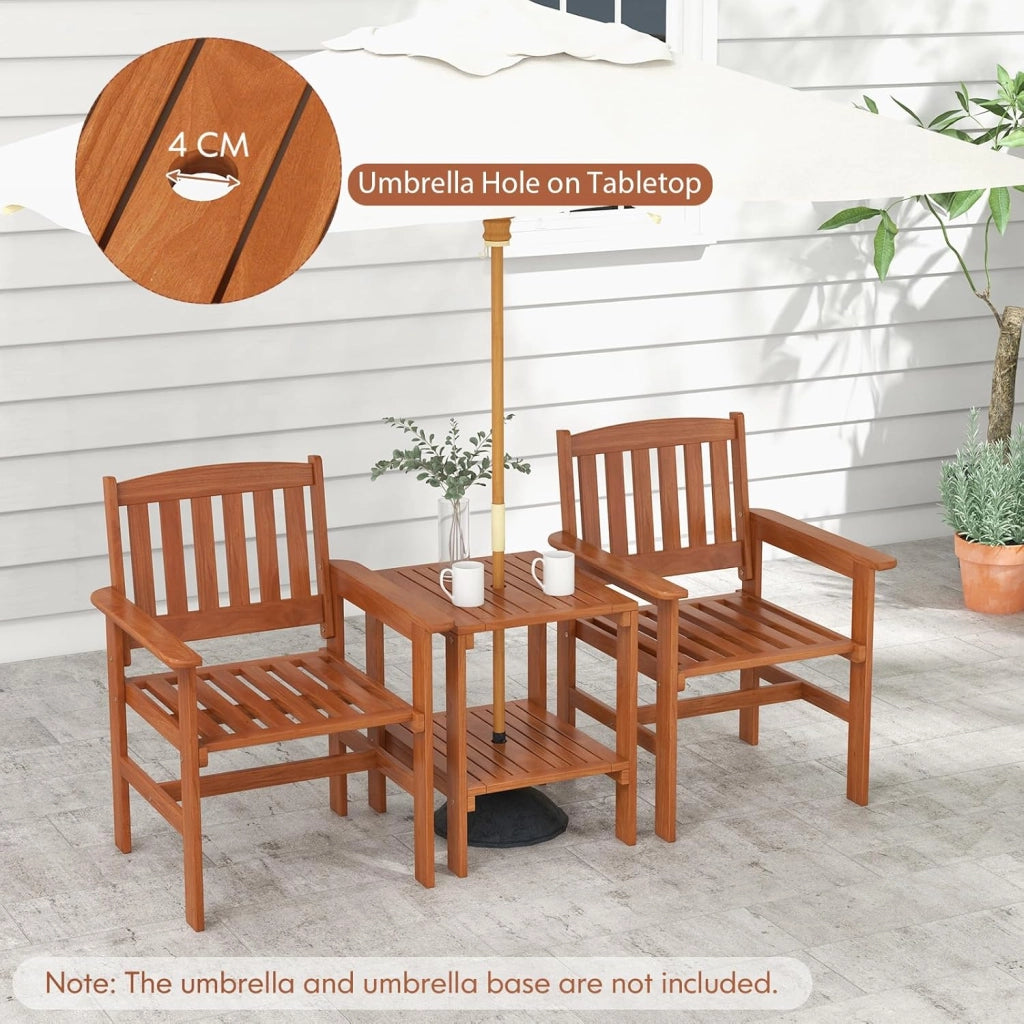 Set di mobili da 3 pezzi, in legno, set di 2 sedie e tavolo con foro per ombrelloni, set di conversazione con schienale e braccioli per patio, terreza, balcone