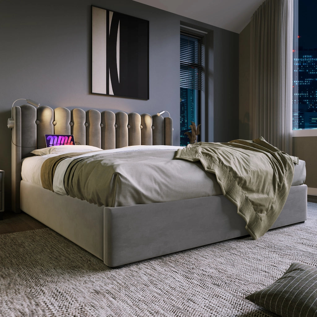 Letti contenitori 160x200 cm con luce da lettura e 2 USB; velluto; grigio (Senza materasso)