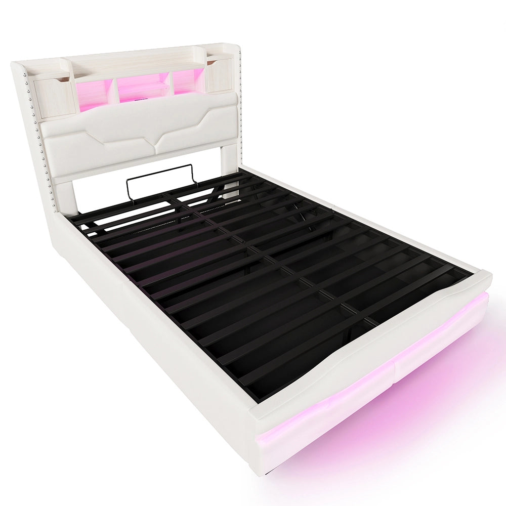 Letto matrimoniale-Xylo-140x200 cm-USB-C, LED RGB, idraulico, beige
