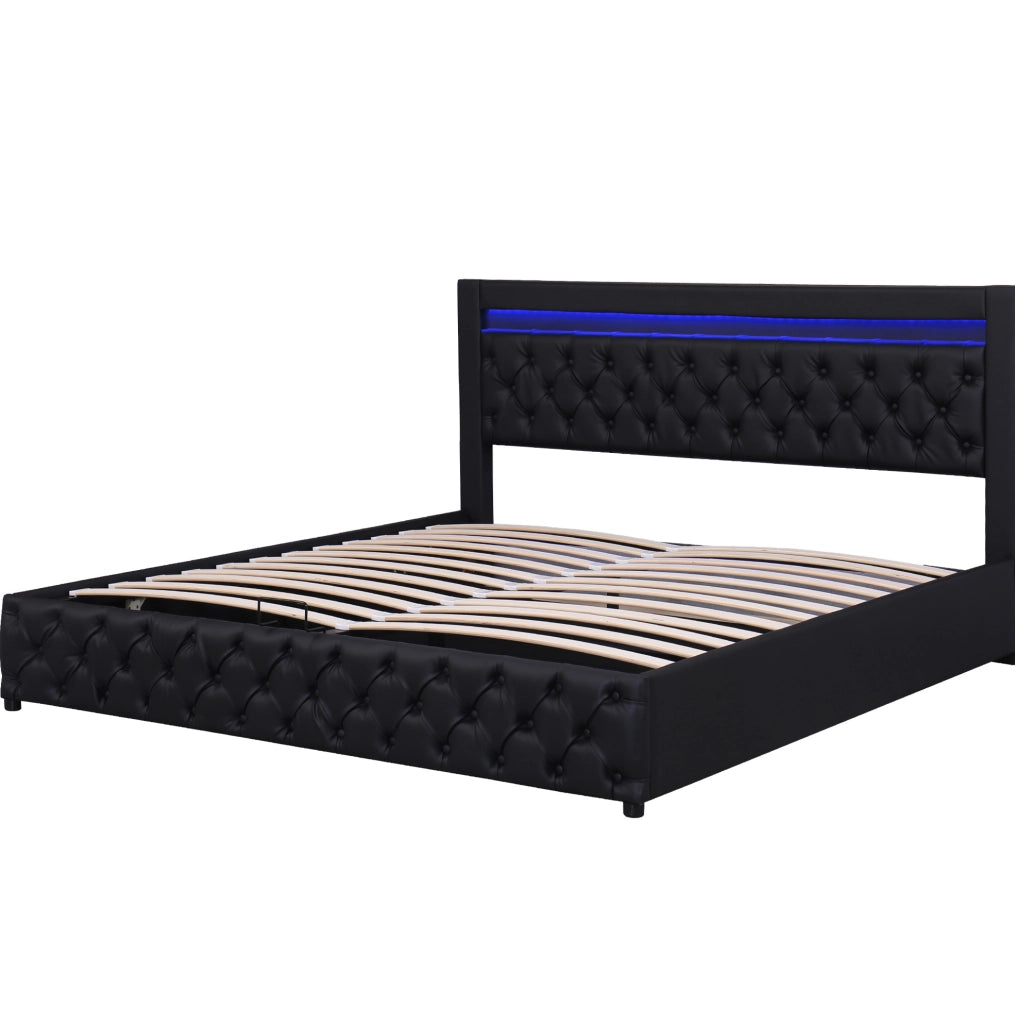 Letto matrimoniale 140x190 cm imbottito con contenitore; LED; rete a doghe; PU nero