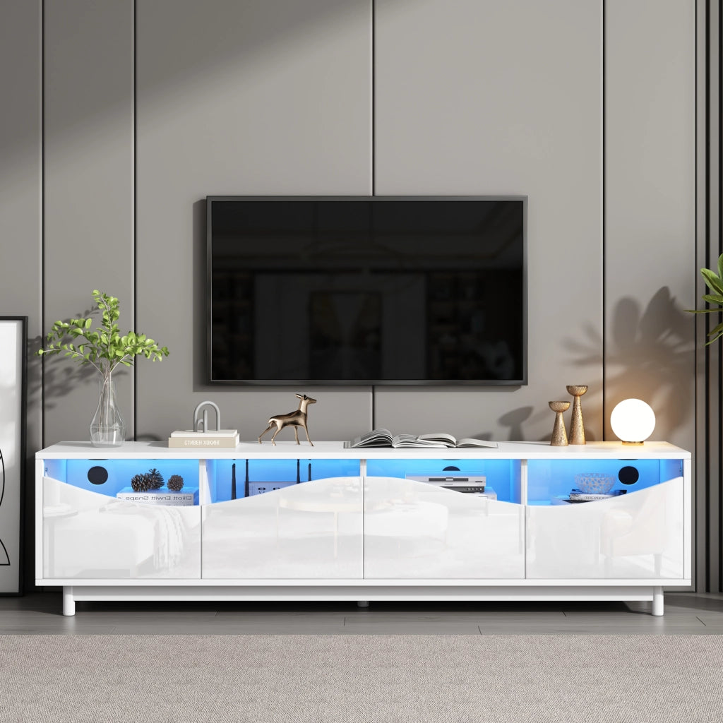 Mobile porta TV curvo con LED, ante a pressione, MDF e vetro temperato, bianco 175 × 38 × 51 cm