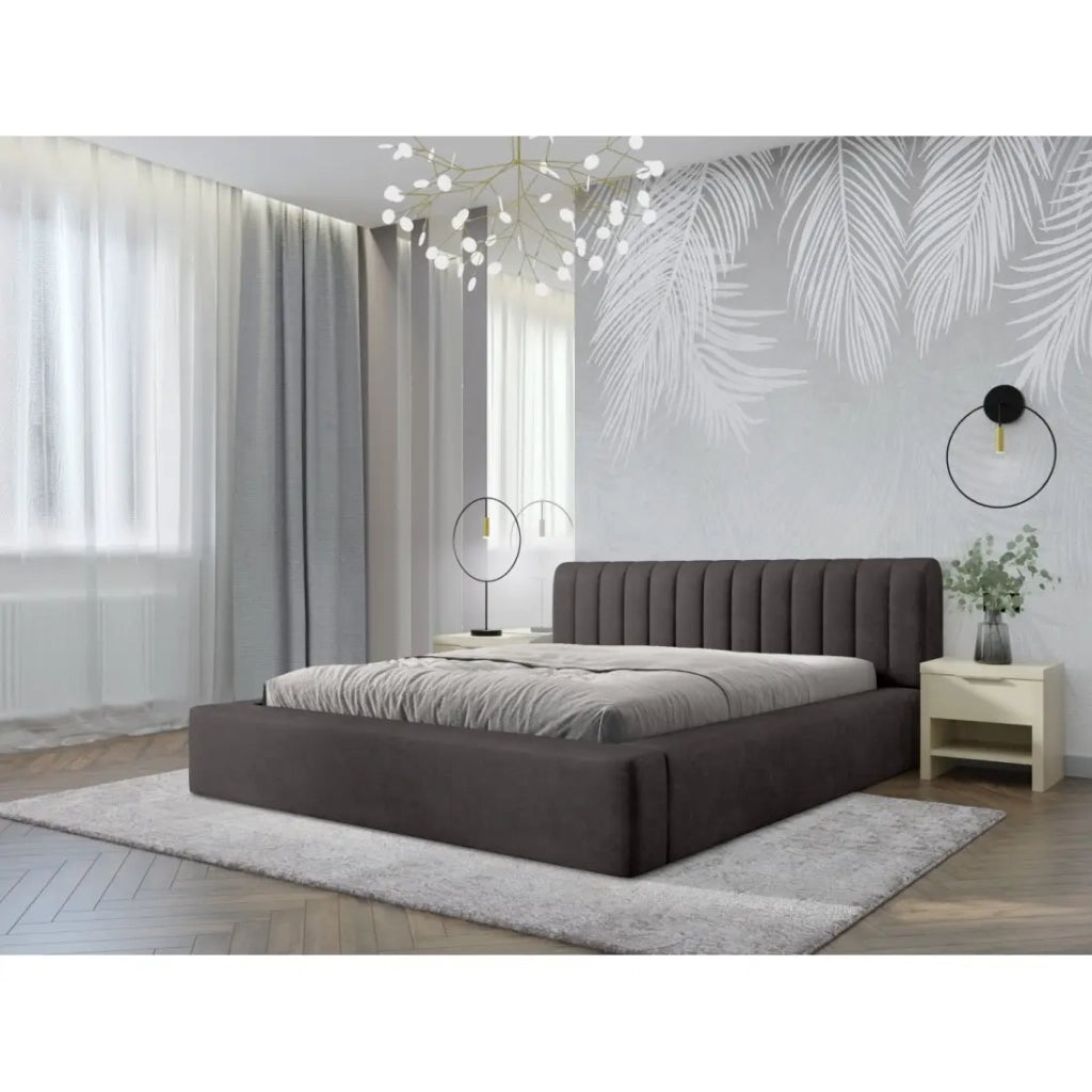 Letto contenitore CERVIN – Velluto morbido Carbone minerale – 160x200 cm – Rete sollevabile – Design contemporaneo