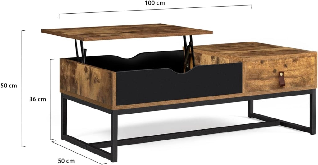 Tavolino CHICAGO con piano sollevabile, 1 cassetto, design industriale
