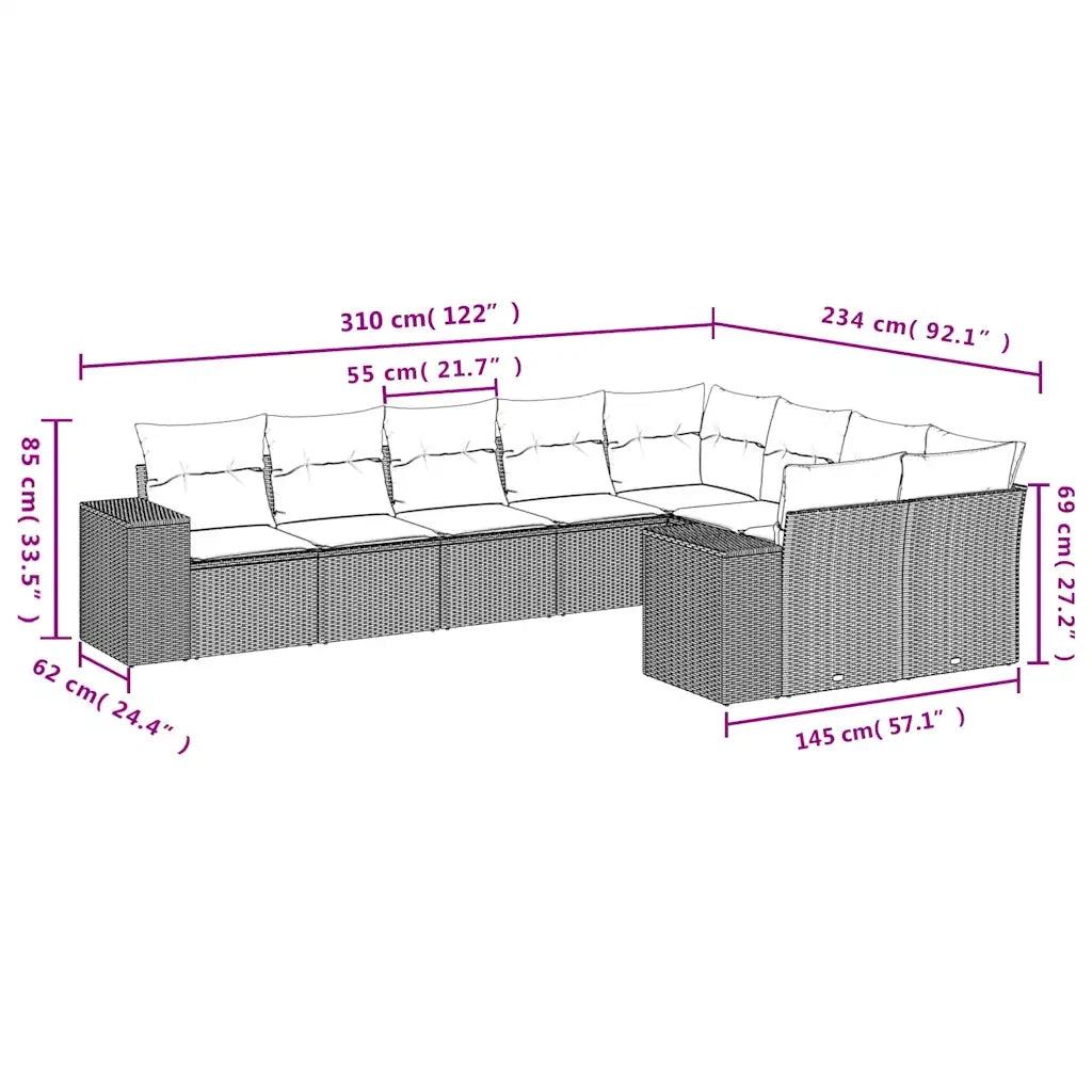 Set Divano da Giardino 9pz con Cuscini Grigio Chiaro Polyrattan